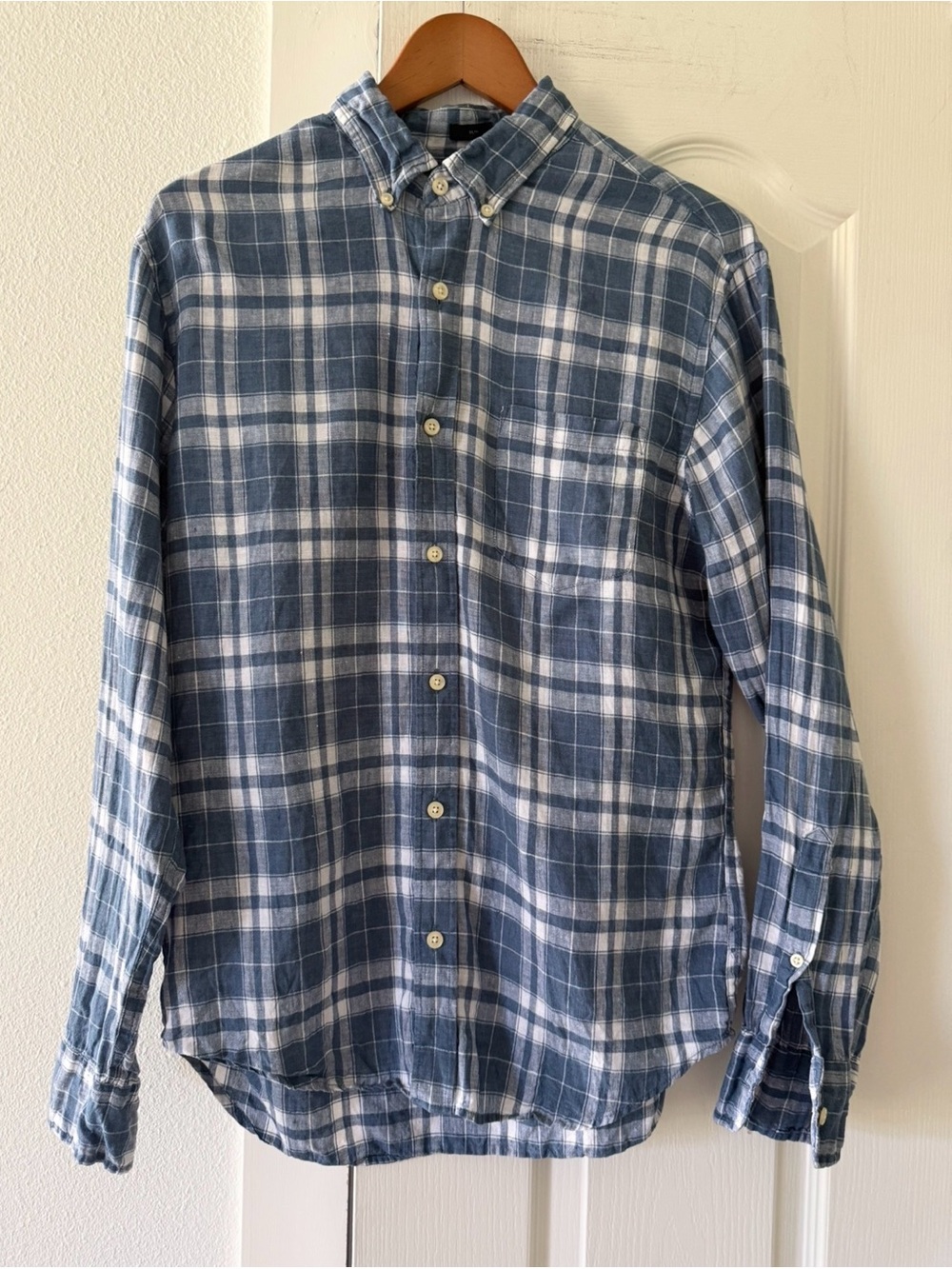 J.Crew Men’s Medium 100% Linen Plaid Button Down Shirt Blue White Slim Fit